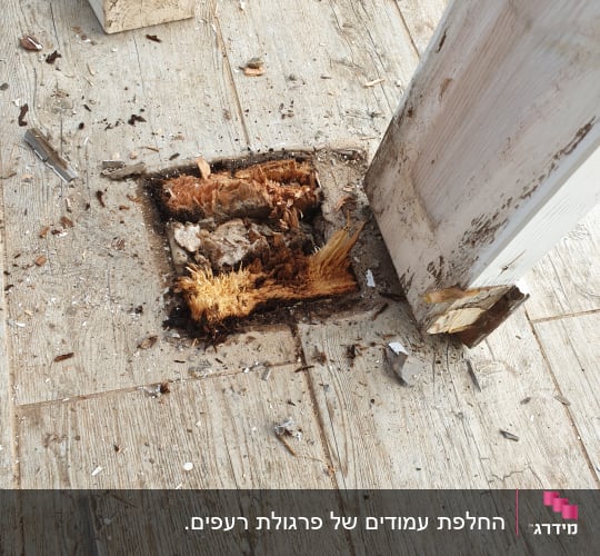 עמוד עץ פגום על גג עם חור ברצפה